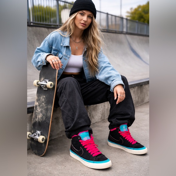 Nike Shoes - Nike Vintage Blazer Mid ‘09 Black High-Tops with Pink and Teal Highlights Y2K